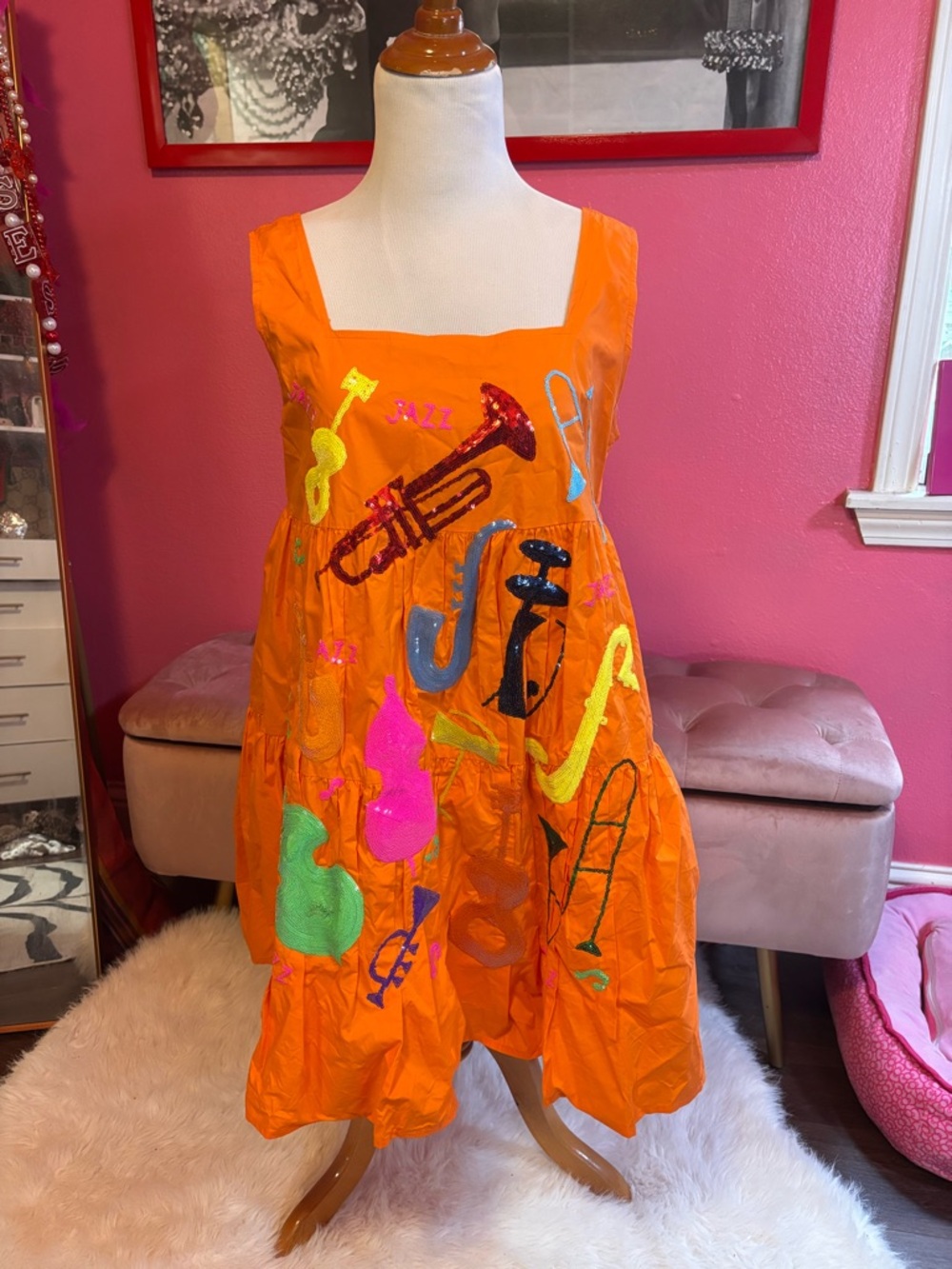 QUEEN OF SPARKLES Orange Sequin Musical-Instrument Mini Dress